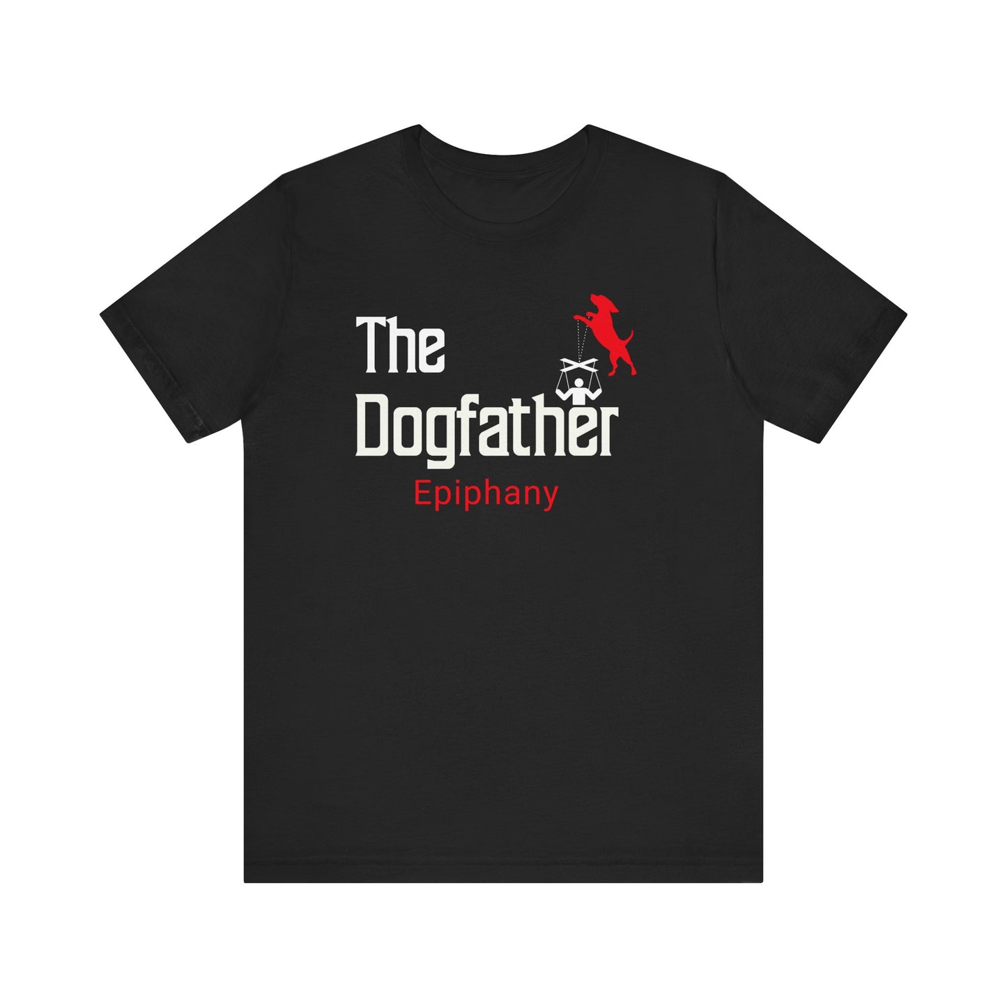 This T-Shirt features a playful twist on the classic “Godfather” design, with “The Dogfather” text and an image of a dog holding marionette strings, controlling its loyal human. For all the dog lovers who know who's really in charge! The T-Shirt is Black.