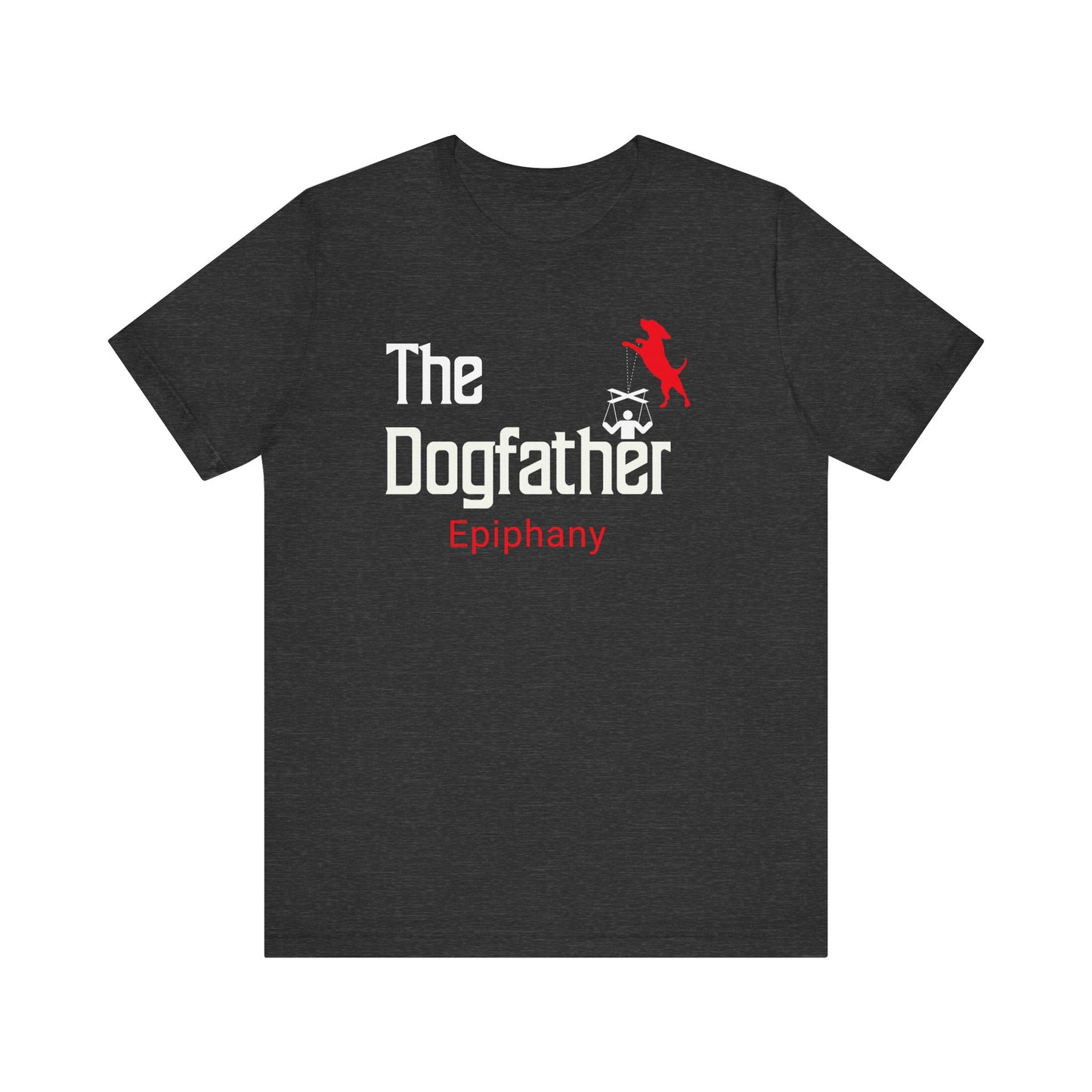 This T-Shirt features a playful twist on the classic “Godfather” design, with “The Dogfather” text and an image of a dog holding marionette strings, controlling its loyal human. For all the dog lovers who know who's really in charge! This T-Shirt is Dark Grey Heather.