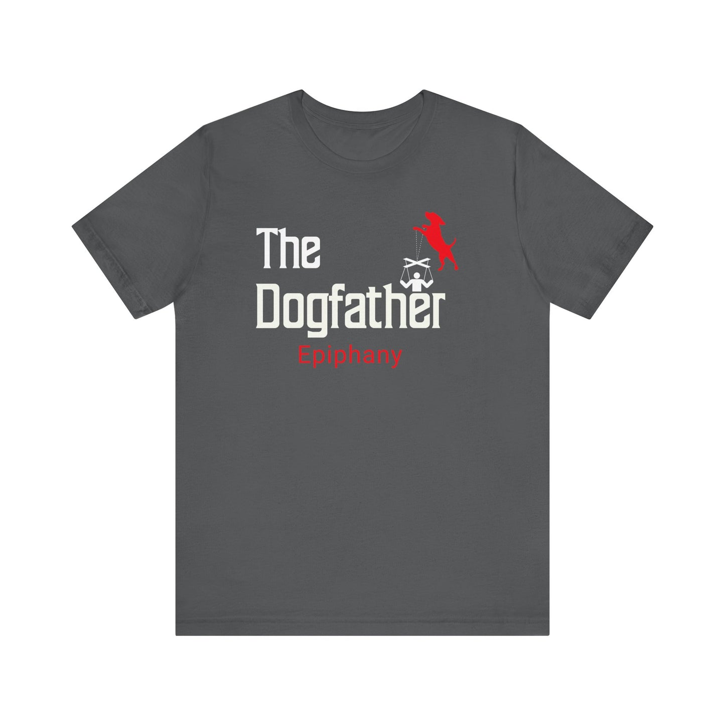 This T-Shirt features a playful twist on the classic “Godfather” design, with “The Dogfather” text and an image of a dog holding marionette strings, controlling its loyal human. For all the dog lovers who know who's really in charge! This T-Shirt is Grey.