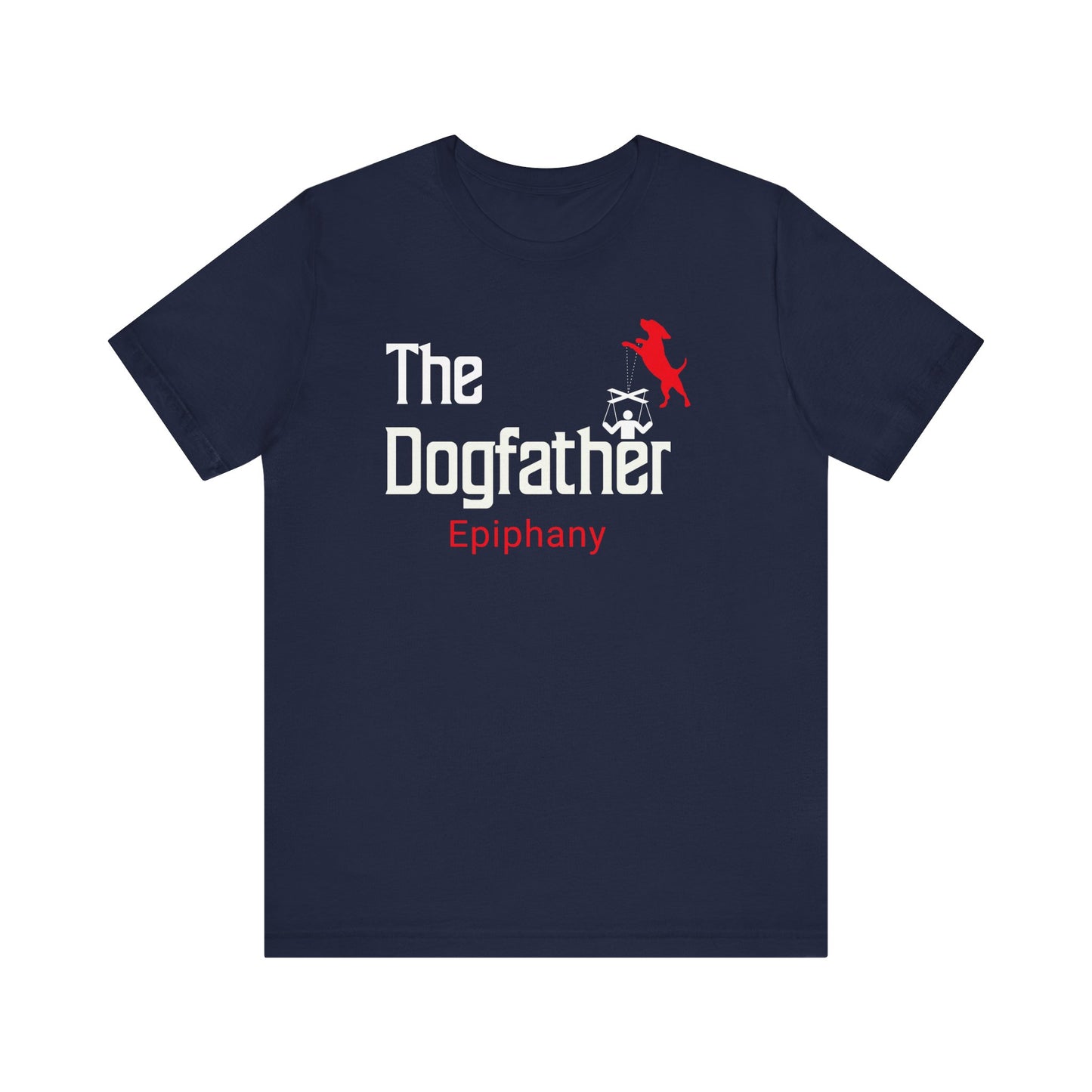 This T-Shirt features a playful twist on the classic “Godfather” design, with “The Dogfather” text and an image of a dog holding marionette strings, controlling its loyal human. For all the dog lovers who know who's really in charge! This T-Shirt is Navy.