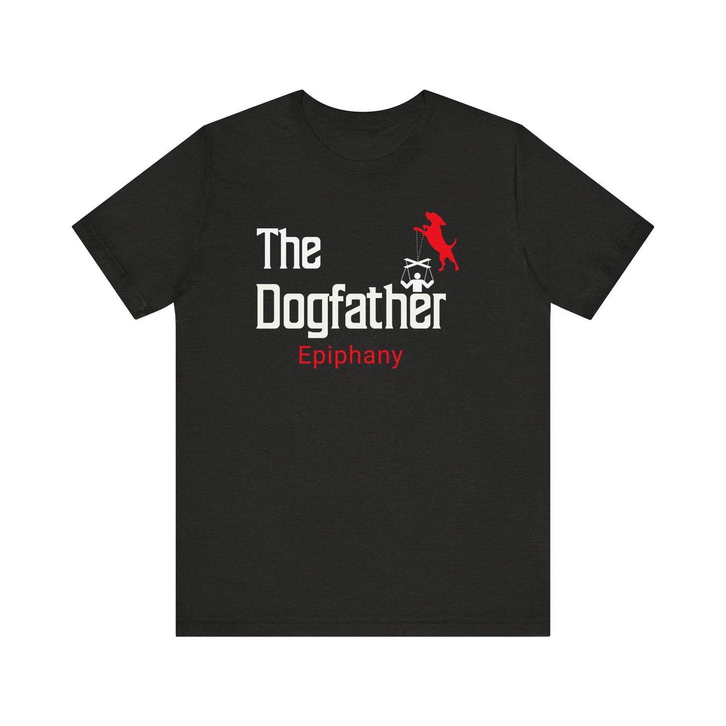 This T-Shirt features a playful twist on the classic “Godfather” design, with “The Dogfather” text and an image of a dog holding marionette strings, controlling its loyal human. For all the dog lovers who know who's really in charge! The T-Shirt is Dark Grey.