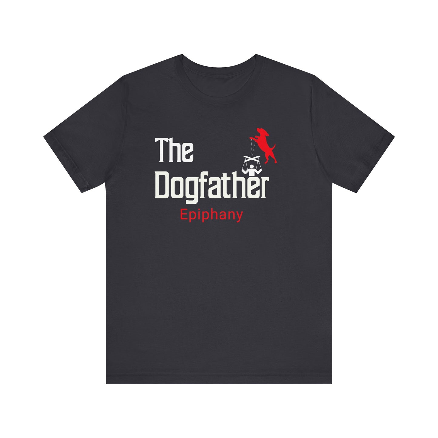 This T-Shirt features a playful twist on the classic “Godfather” design, with “The Dogfather” text and an image of a dog holding marionette strings, controlling its loyal human. For all the dog lovers who know who's really in charge!