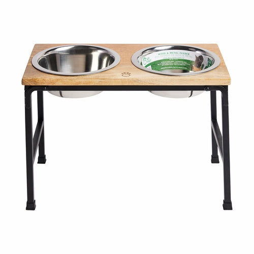 Elevated Pet Feeder with Metal and Mango Wood – Durable Raised Dog and Cat Bowl Stand