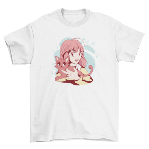 Cute Anime Girl with Cat T-Shirt: Embrace Your Feline Flair!