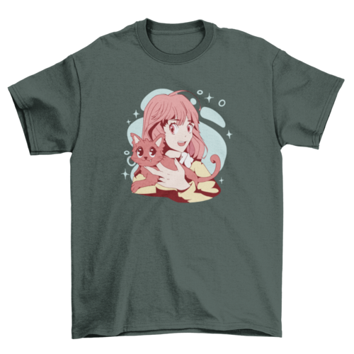 Cute Anime Girl with Cat T-Shirt: Embrace Your Feline Flair!