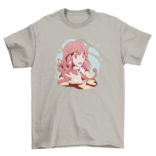 Cute Anime Girl with Cat T-Shirt: Embrace Your Feline Flair!