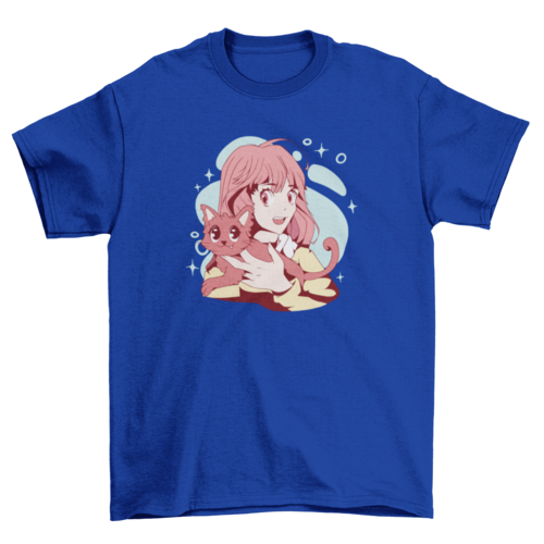 Cute Anime Girl with Cat T-Shirt: Embrace Your Feline Flair!