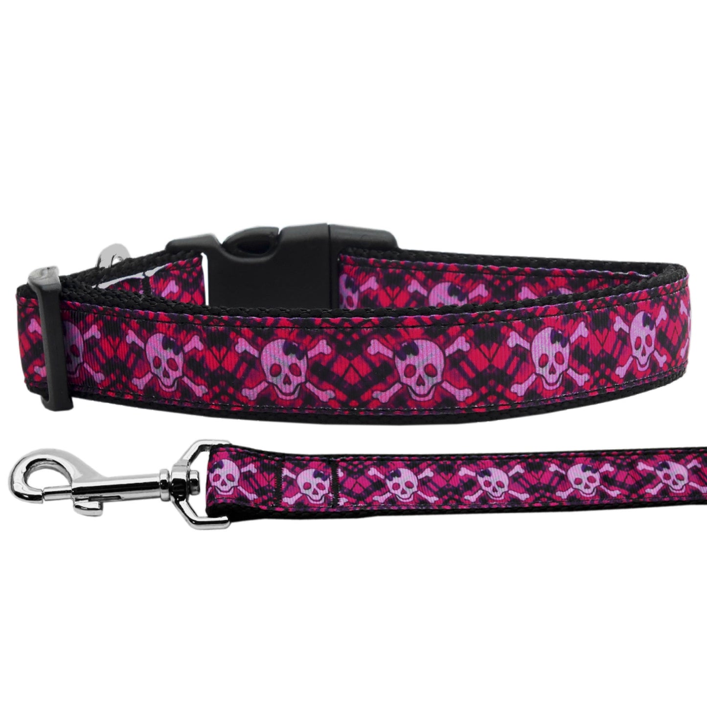 Hot Pink Plaid Skulls Pet Collar or Leash – Stylish & Durable