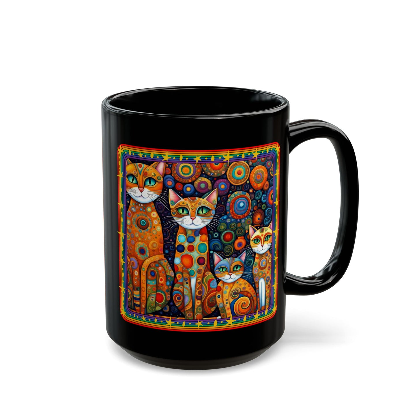 Patchwork Cat Art Mug 15oz Klimt-Inspired Colorful Design
