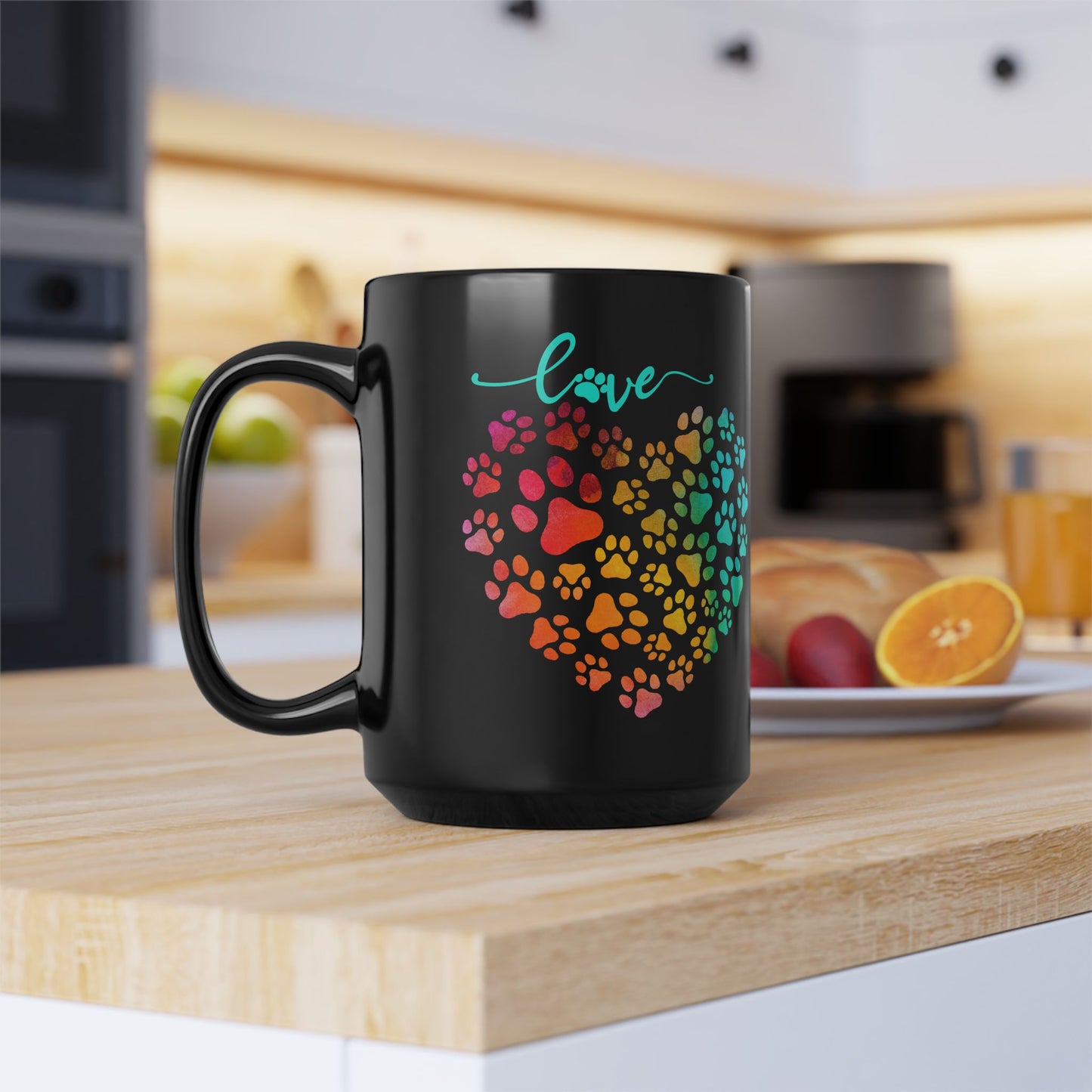 Colorful Paw Print Heart Mug  15 oz  Black