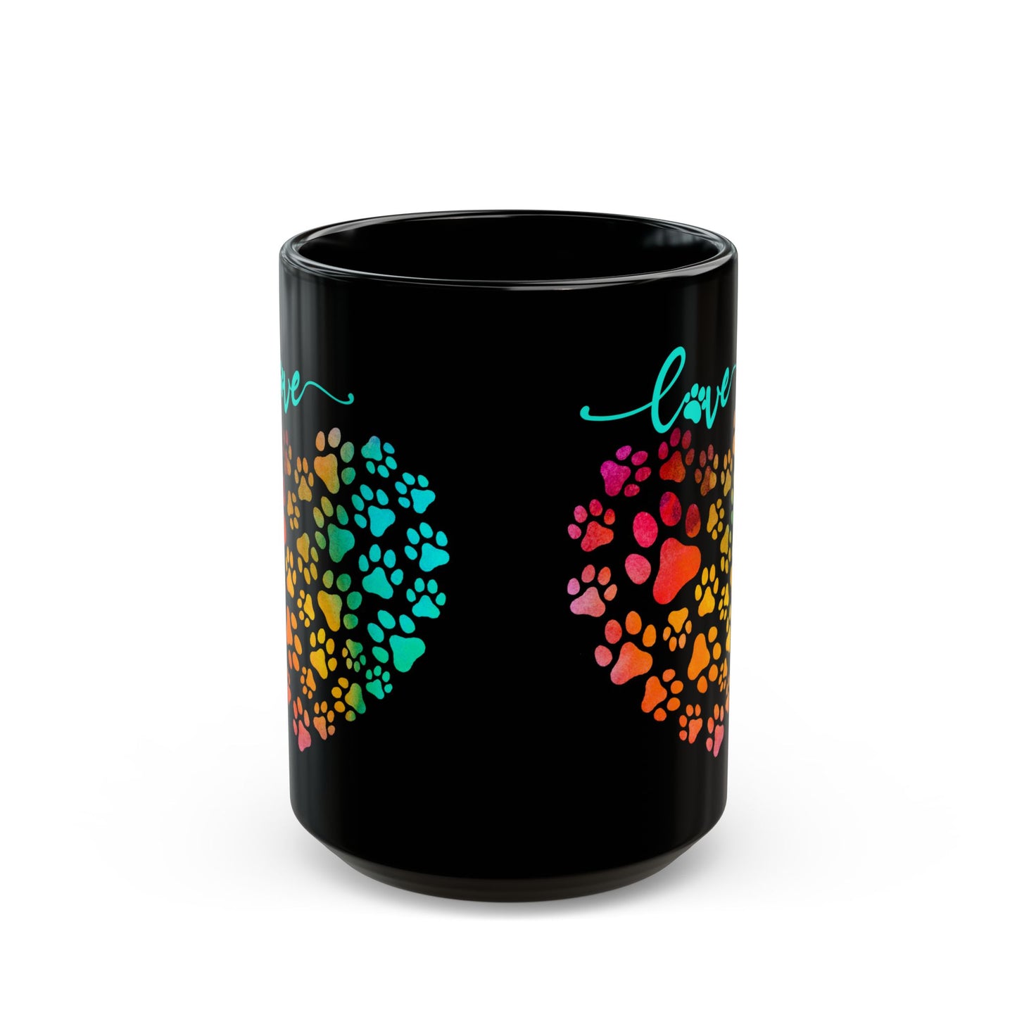 Colorful Paw Print Heart Mug  15 oz  Black