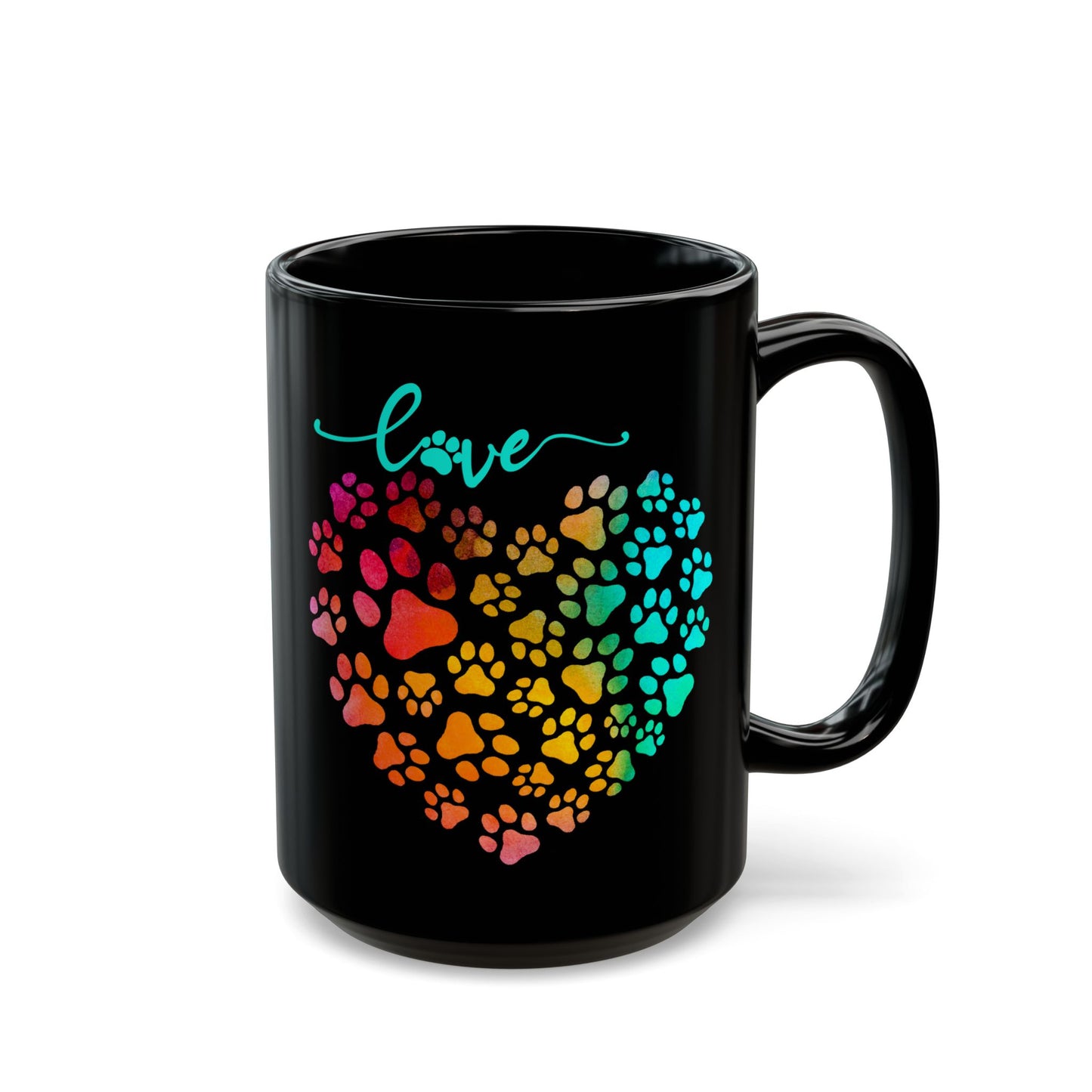 Colorful Paw Print Heart Mug  15 oz  Black