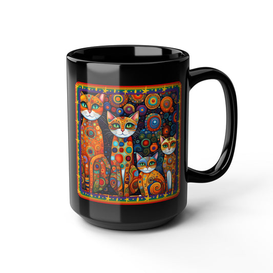  A black ceramic mug featuring a bright and colorful Klimt-inspired patchwork cat design.