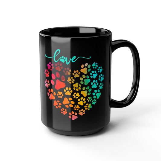 Colorful Paw Print Heart Mug  15 oz  Black