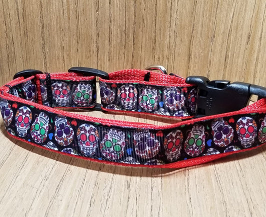 Safe & Secure "Black & Red Sugar Skull" Dog Martingale Collar – Durable & Trainer-Approved