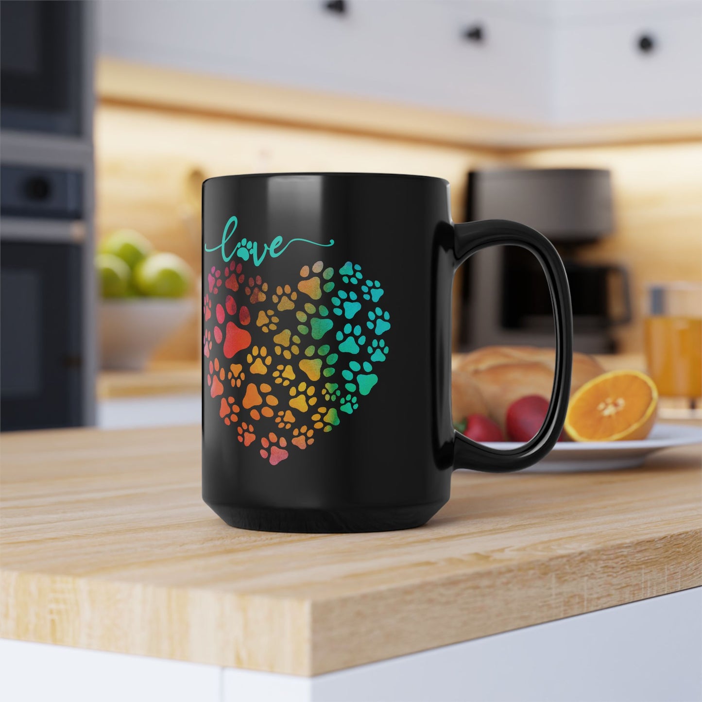Colorful Paw Print Heart Mug  15 oz  Black