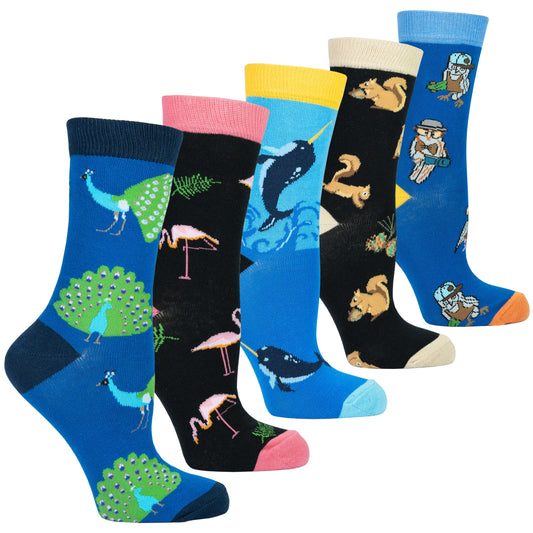 Women's Wild Side Crew Socks Set - 5 Unique Animal Inspired Designs