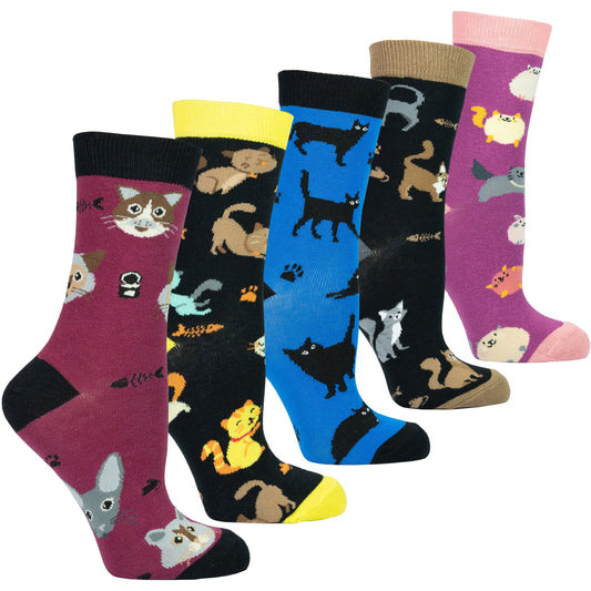 Women's Adorable Cats Crew Socks Set (5) - Playful Cat Design