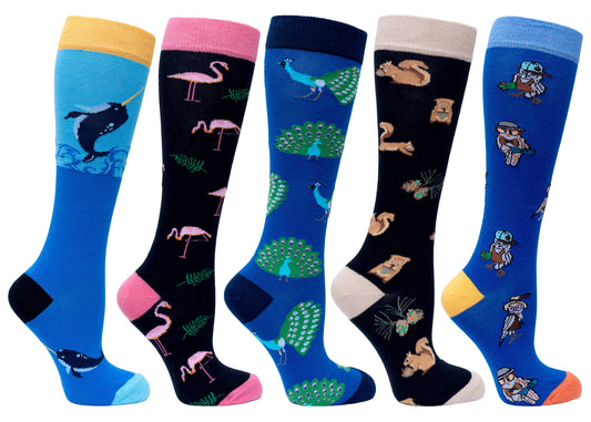 Women's Animal Knee High Socks Set (5 pack) - Add Wild Fun to Your Wardrobe