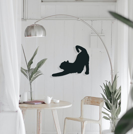 Stretching Cat Silhouette Metal Art – Elegant Wall Decor for Cat Lovers