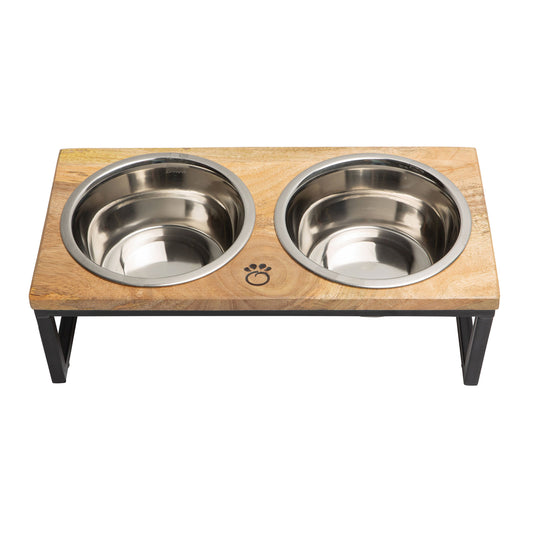Elevated Pet Feeder with Metal and Mango Wood – Durable Raised Dog and Cat Bowl Stand