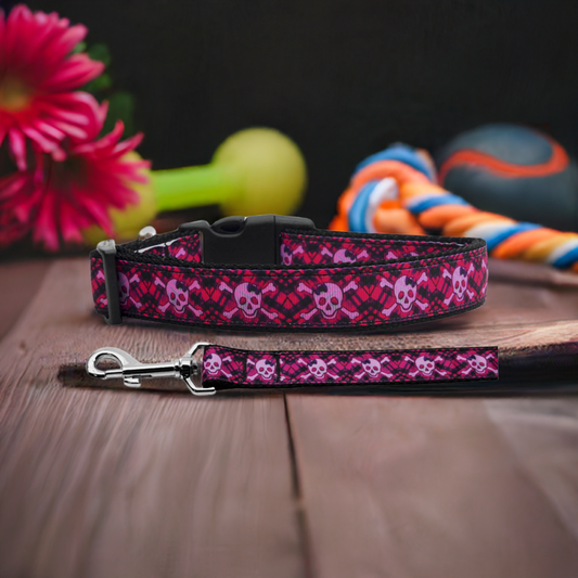 Hot Pink Plaid Skulls Pet Collar or Leash – Stylish & Durable