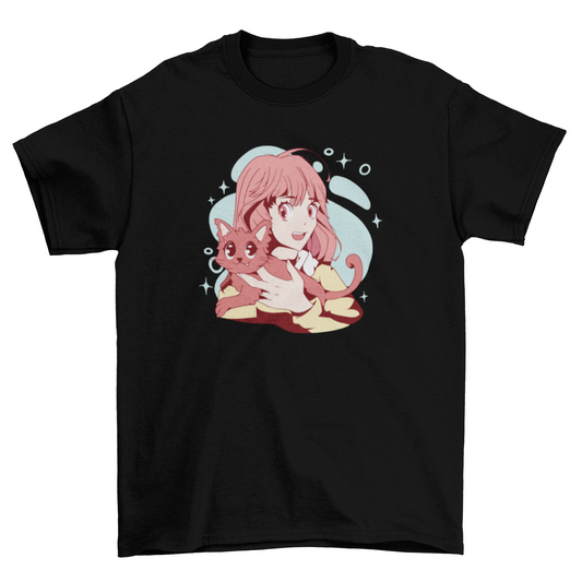 Cute Anime Girl with Cat T-Shirt: Embrace Your Feline Flair!