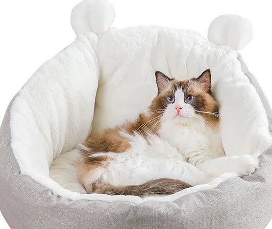 Fluffy Cat/Dog Bed with Ears (Grey, Medium) – Ultra-Soft, Non-Slip Cozy Pet Sleeping Bag