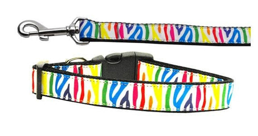 Zebra Rainbow Nylon Collar & Leash for Dogs & Cats