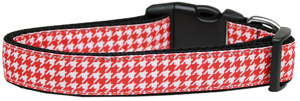 Dog & Cat Nylon Collar and Leash – Houndstooth Red Pattern